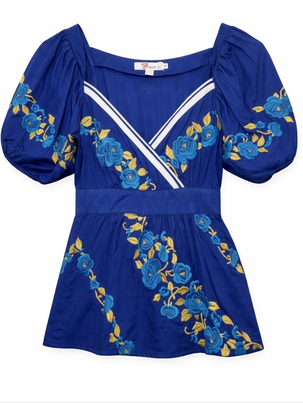 ARYEH Embroidered Puff Sleeve Peplum Top Blue Floral Boho Cottagecore Cotton